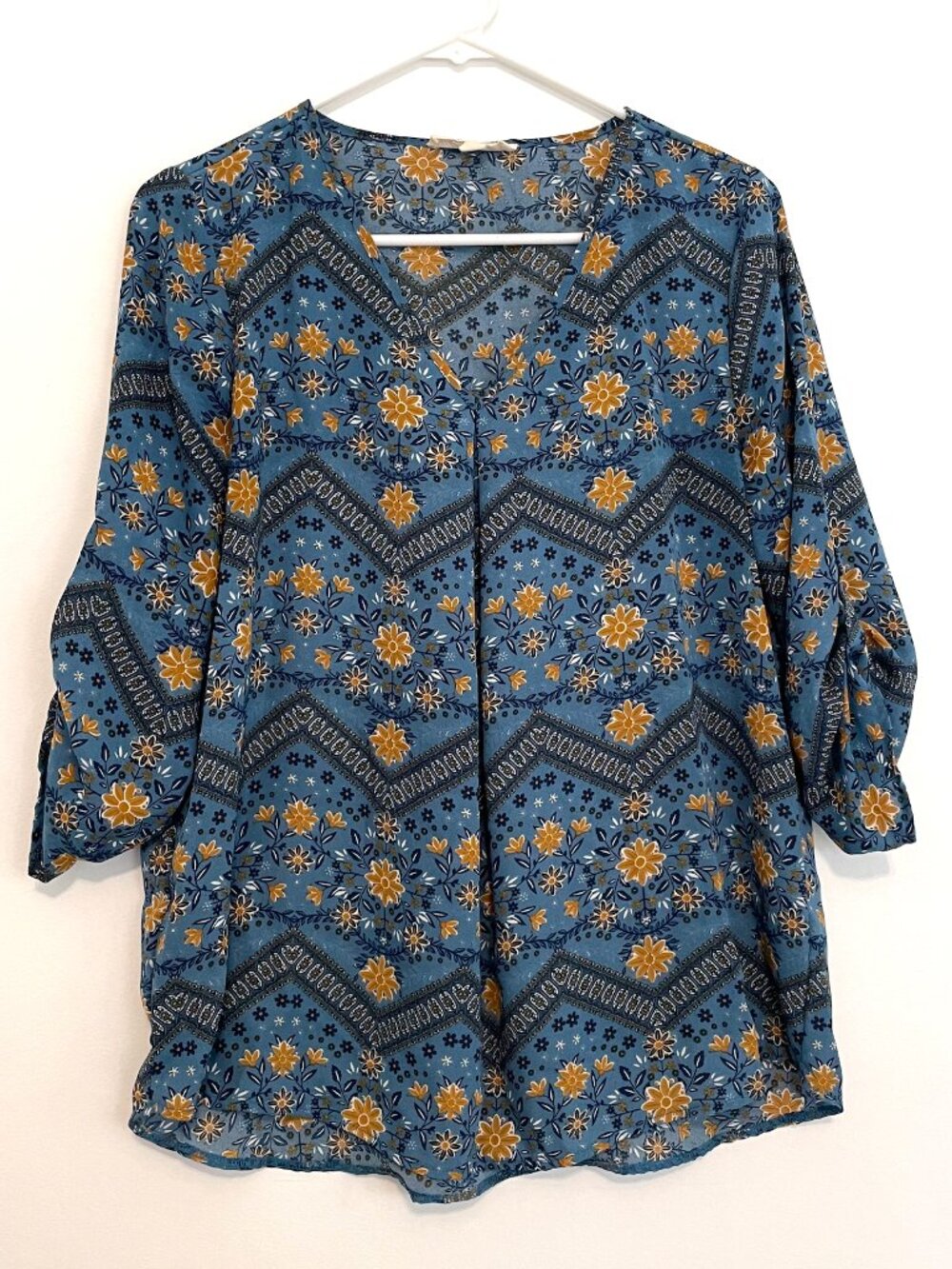 PINK ROSE Blue Mustard Navy Floral Chevron 3/4 Sleeve Roll Tab Sleeve Blouse Top